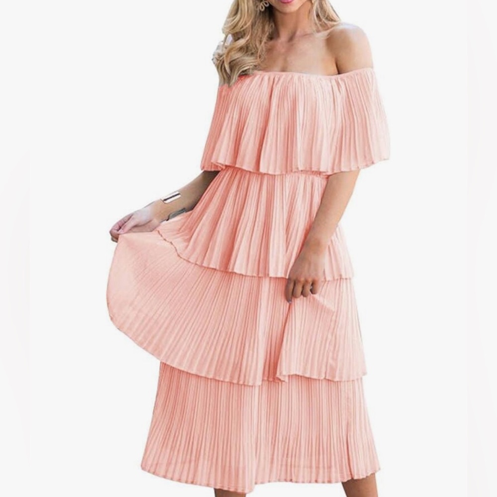 NWT Amazon ETCYY Off Shoulder Pink Tiered Dress, L